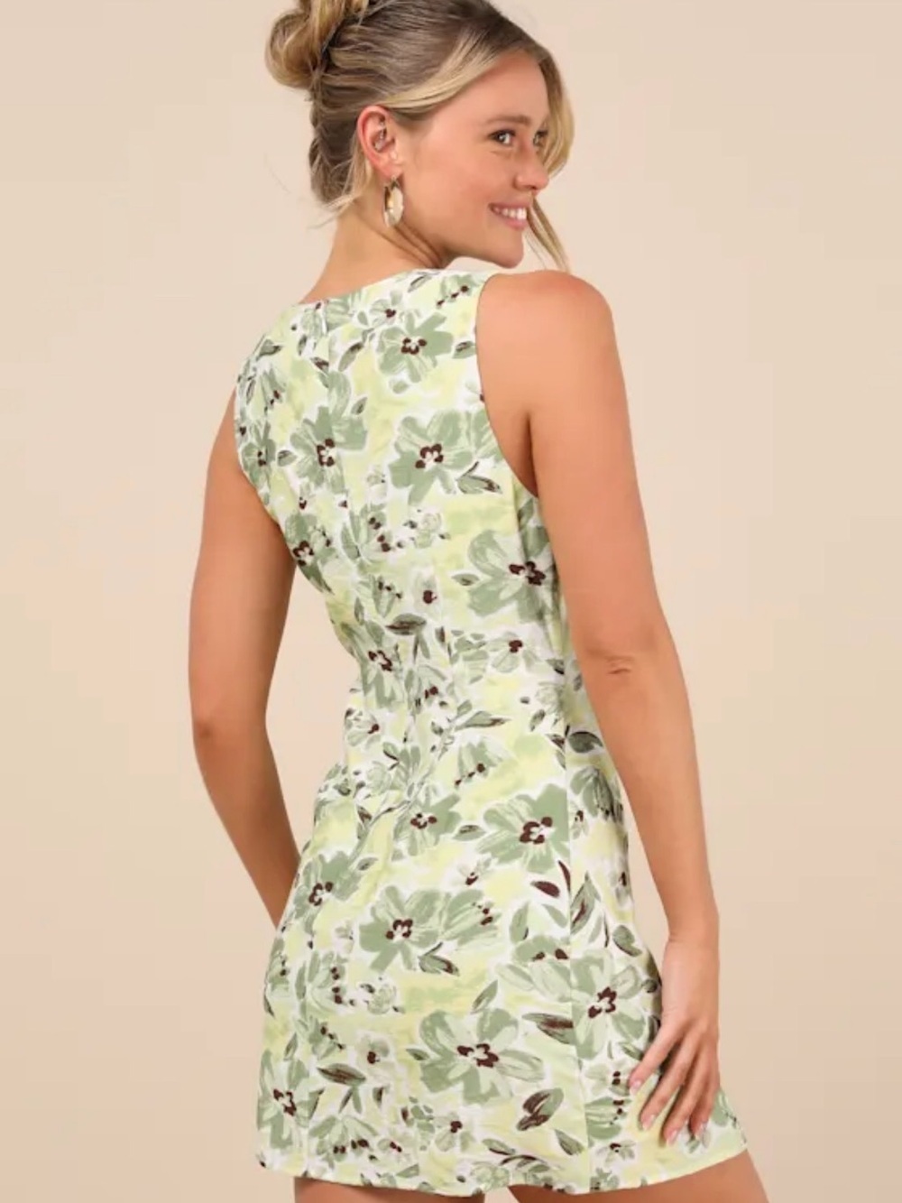 Lulus Green Floral Linen Blend Mini Dress XS Cottagecore - Picture 2 of 12